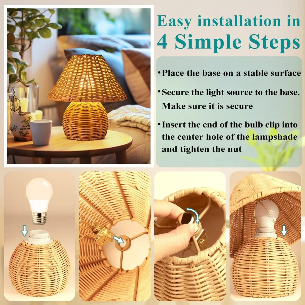 Lampe de chevet champignon en rotin tressé, abat-jour de 23 cm