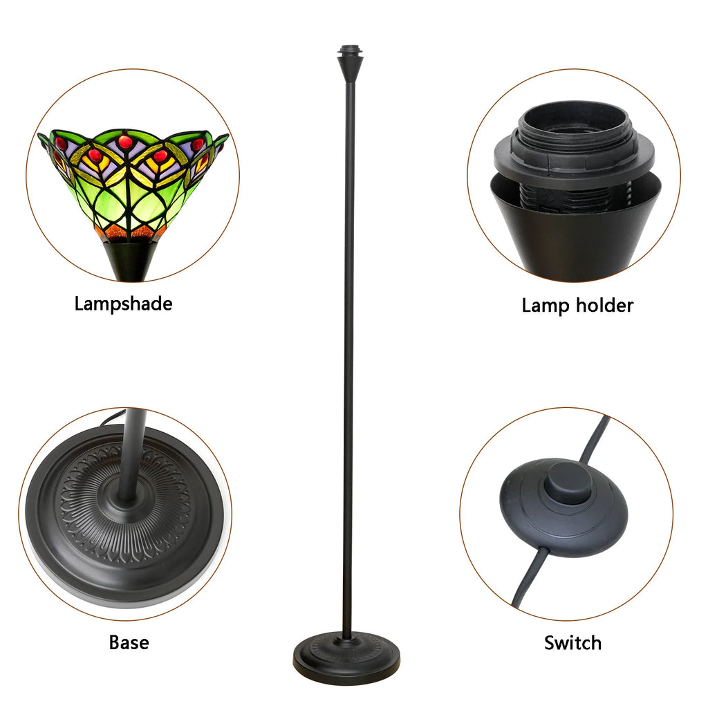 Lampadaire torchère en vitrail, vasque Ø 20 cm et pied noir 155 cm
