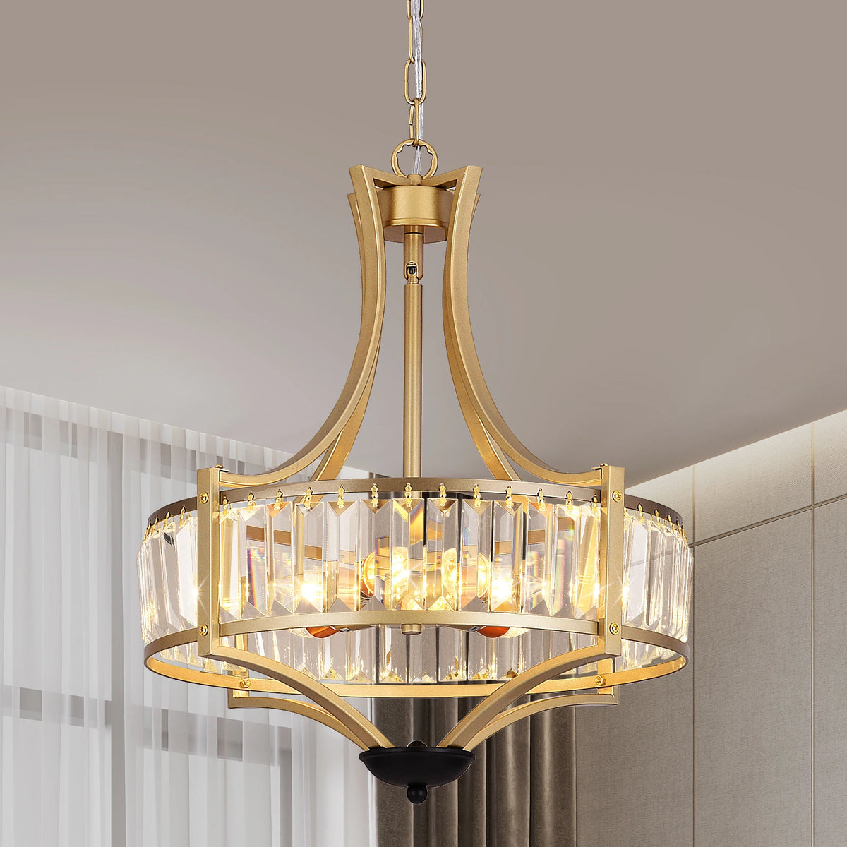 Lustre lanterne doré à couronne de prismes de cristal, Ø 40 cm