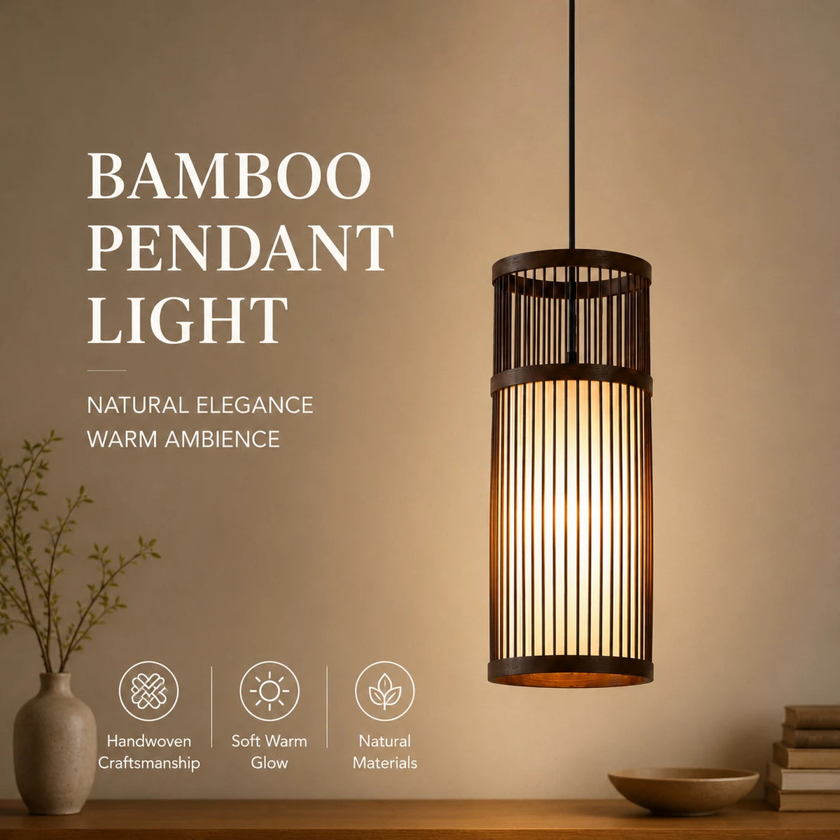 Suspension cylindre en bambou brun, Ø 18 cm, à l'unité ou par trois