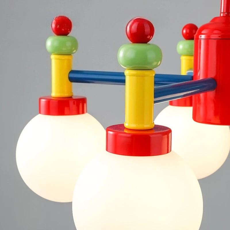 Lustre chambre d'enfant style Memphis, bras colorés et globes en verre