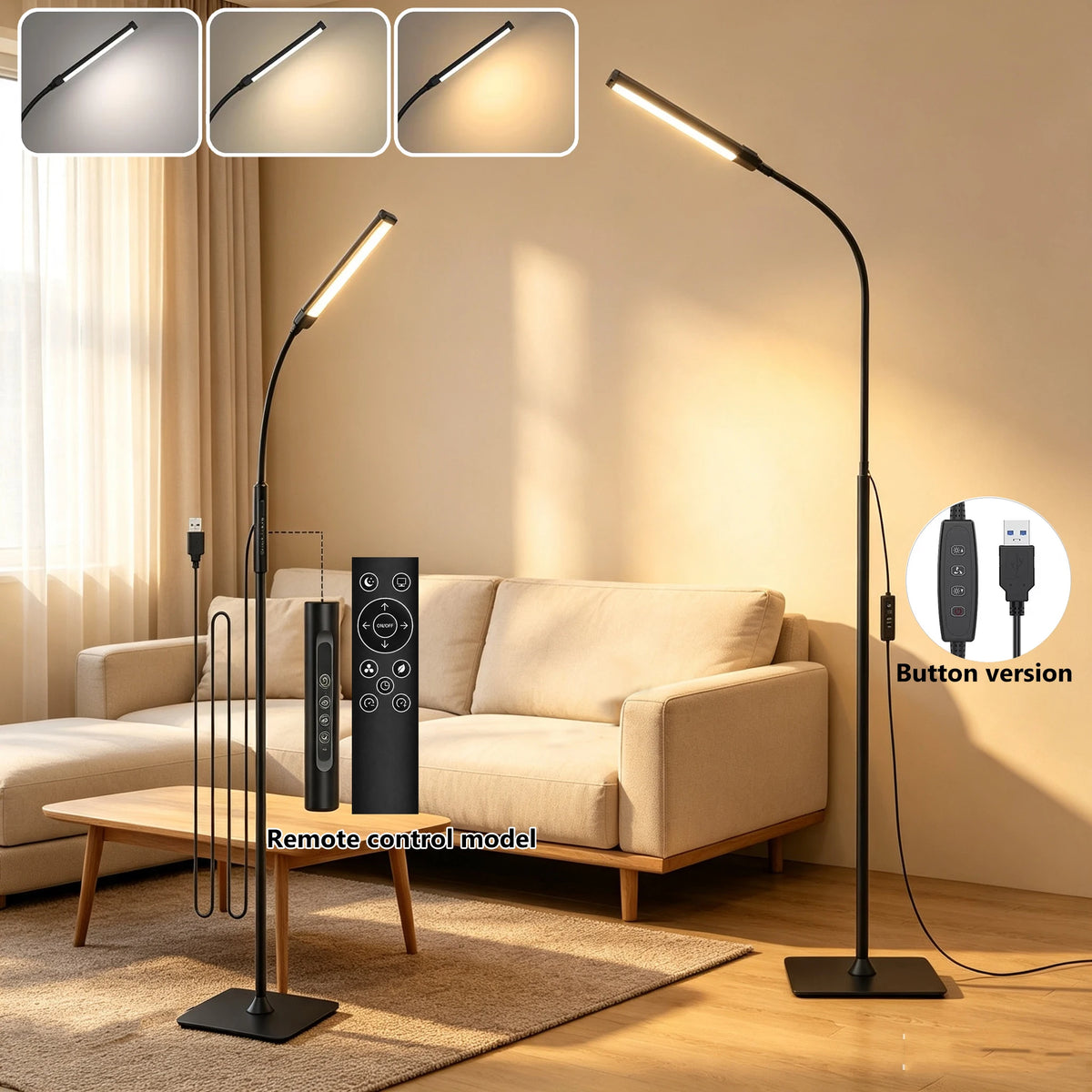 Lampadaire liseuse LED à col de cygne, 3000-6000K, alimenté par USB