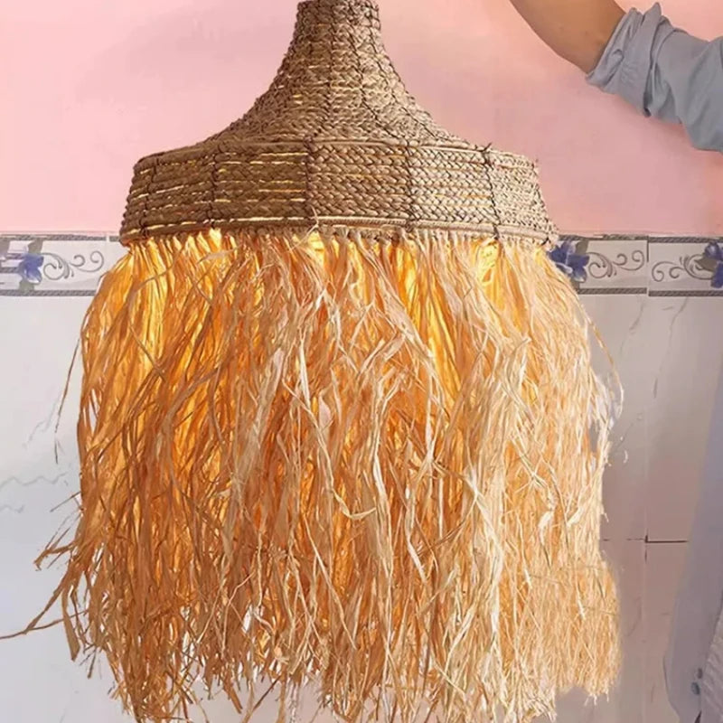 Lustre en raphia à longues franges, Ø 40 à 80 cm, LED fournie