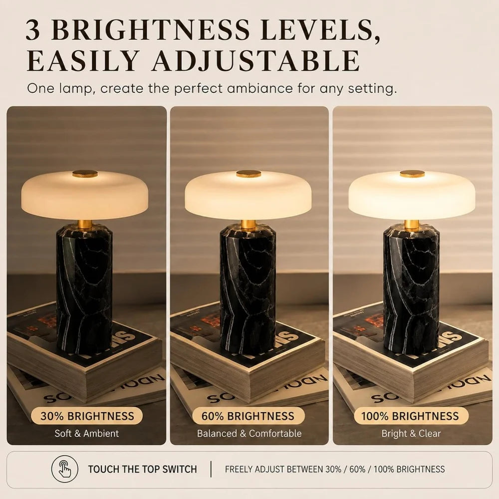 Lampe de chevet sans fil en marbre, abat-jour en verre opalin