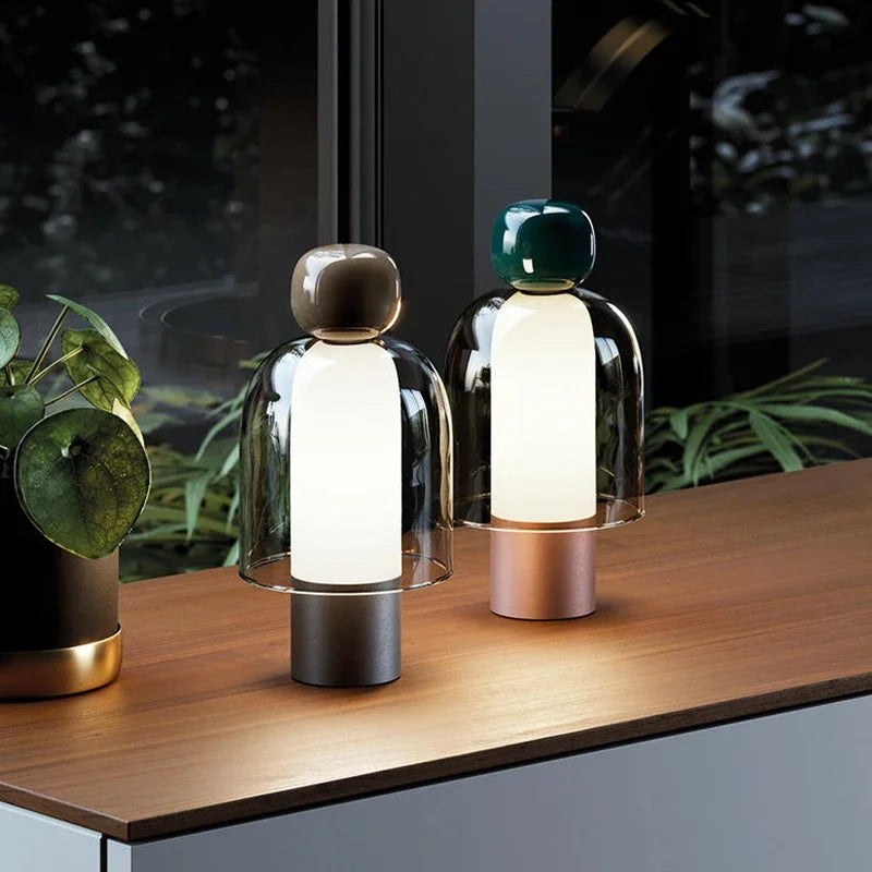 Lampe sans fil cloche en verre fumé et boule colorée, 23 cm