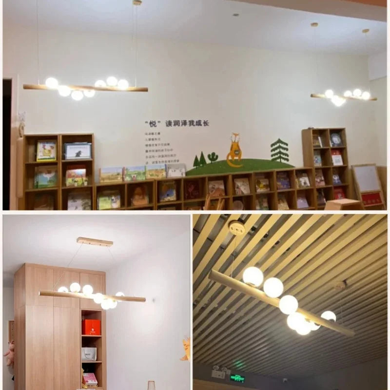 Suspension en bois et globes de verre opalin, 5 ou 7 lumières
