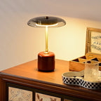 Lampe champignon en bois et verre ambré, LED trois teintes