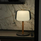 Lampe à poser double verre fumé et opalin sur tige bois, 50 cm