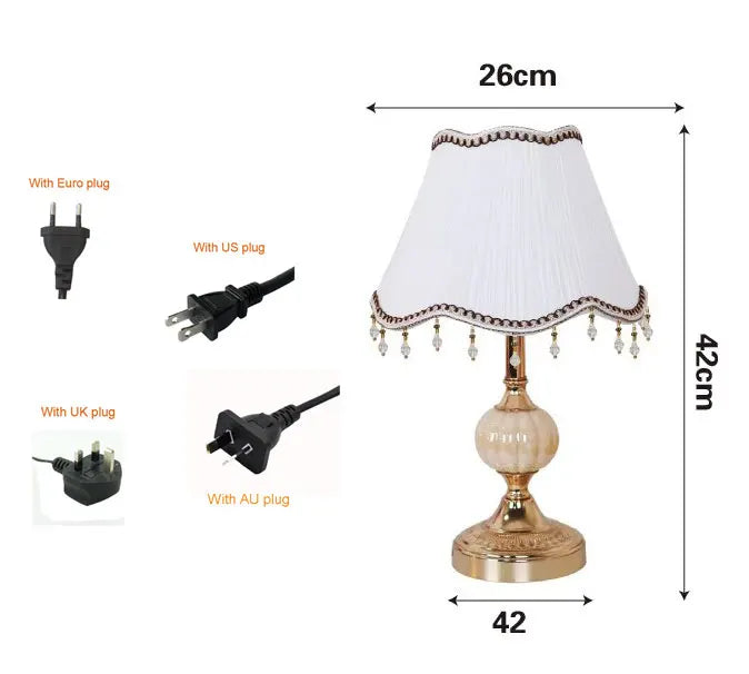 Lampe de chevet rétro, abat-jour festonné en tissu et pied doré, 42 cm