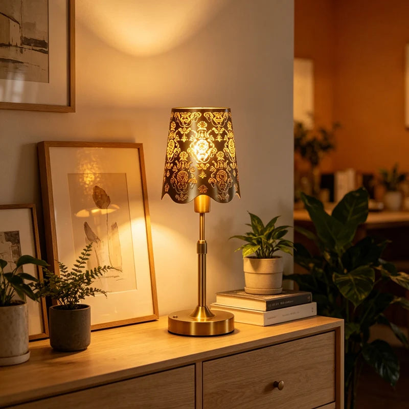 Lampe de chevet vintage dorée à abat-jour ajouré, sans fil réglable