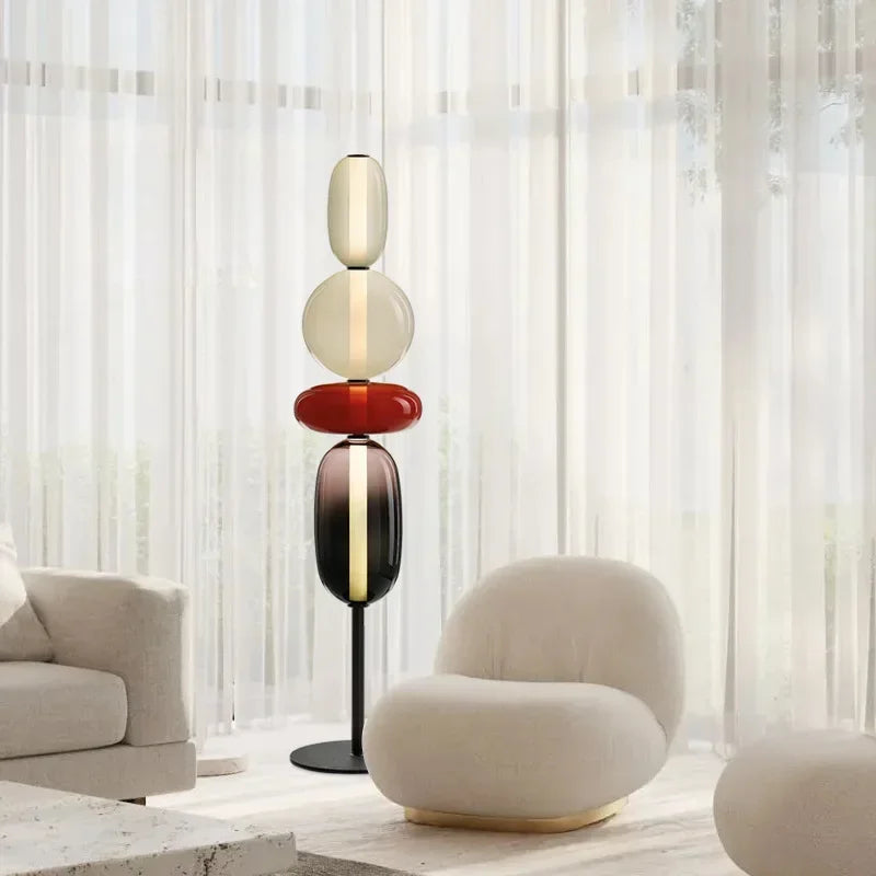 Lampadaire à globes de verre coloré empilés, ampoules LED fournies