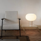 Lampe champignon en verre opalin sur colonne de verre clair