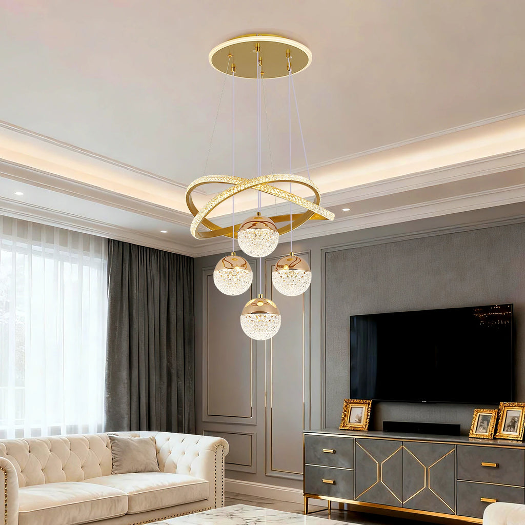 Lustre LED doré ou noir, anneaux de cristal croisés et 4 globes