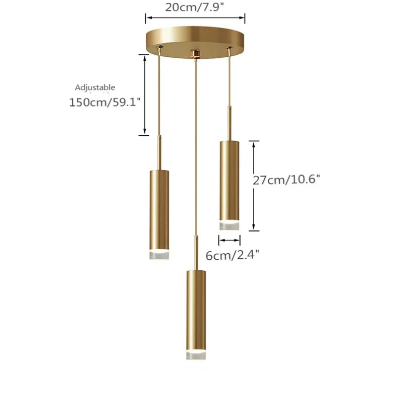 Suspension tube doré à embout acrylique, 1, 2 ou 3 lumières LED