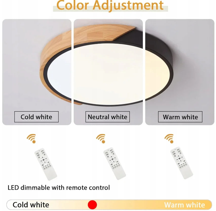 Plafonnier LED noir et bois Ø 30 cm, 24 W ou 43 W à télécommande