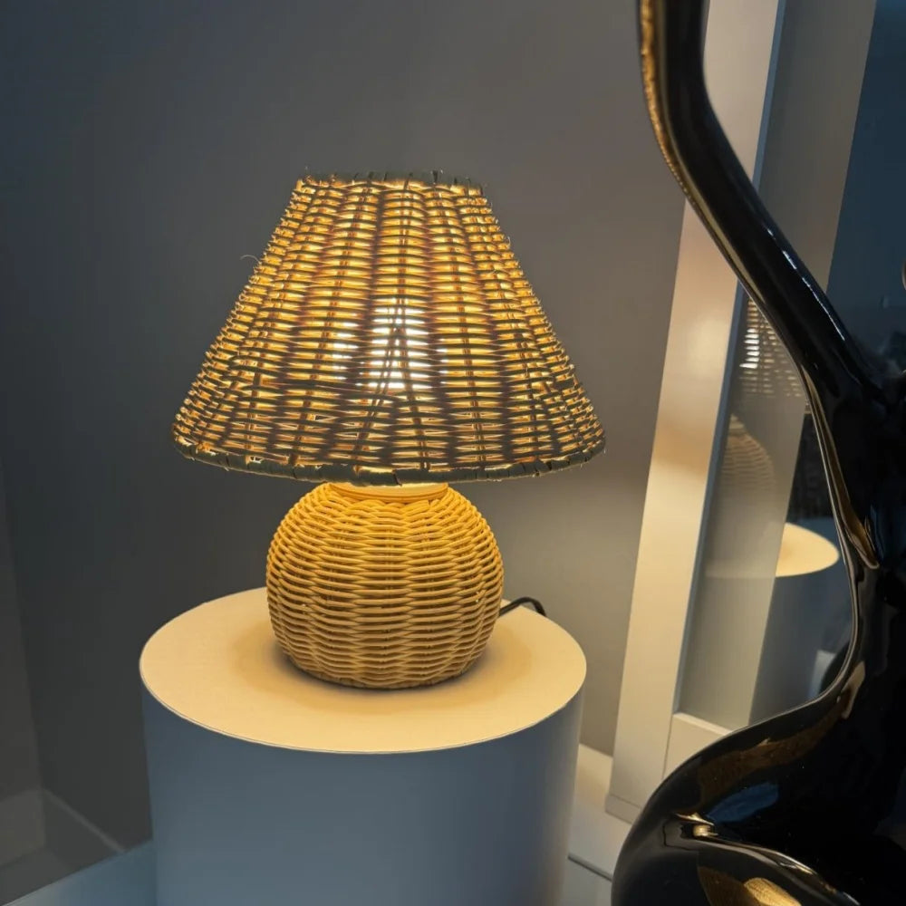 Lampe de chevet champignon en rotin tressé, abat-jour de 23 cm