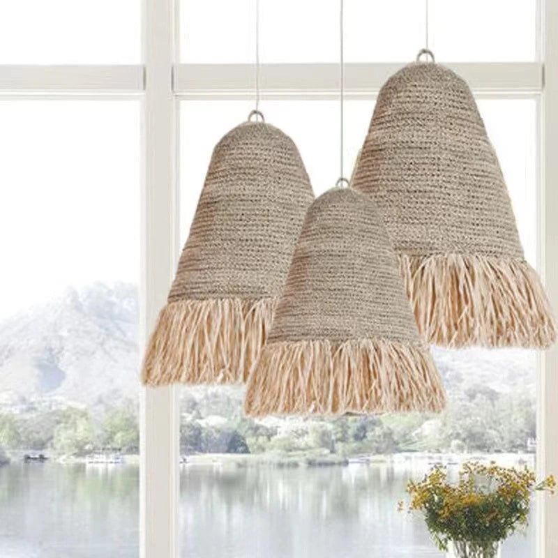 Lustre en corde de paille et franges de raphia Ø 35 cm, E27