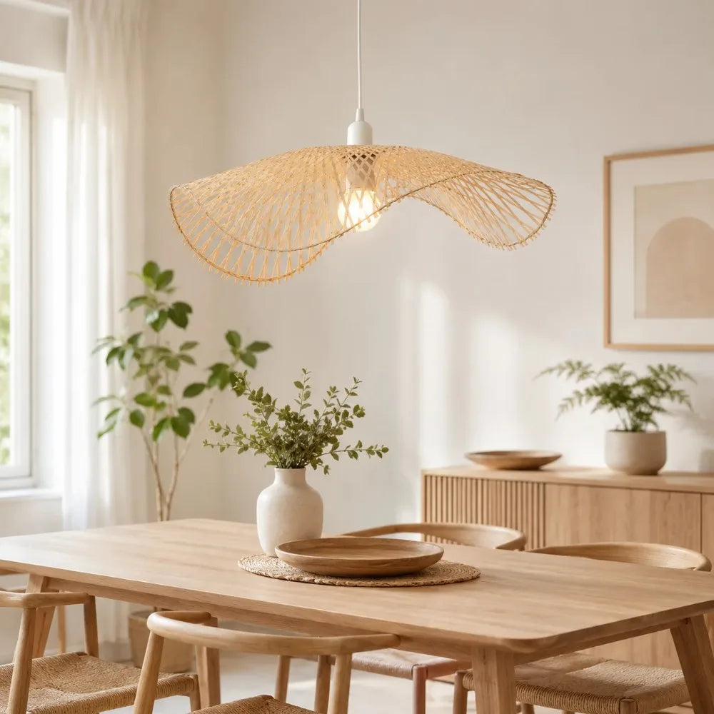 Suspension capeline en bambou ajouré, câble blanc réglable 150 cm