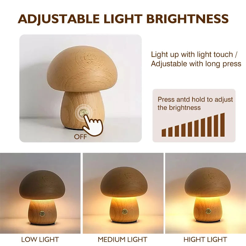 Lampe de chevet champignon en bois tactile, 10,5 ou 16,5 cm, USB