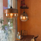 Suspension industrielle verre et chapeau noir ou effet bois, 4 formes