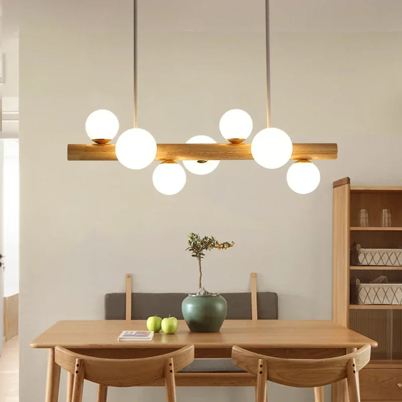 Lustre barre en bois à globes de verre opalin, 5 à 9 lumières LED