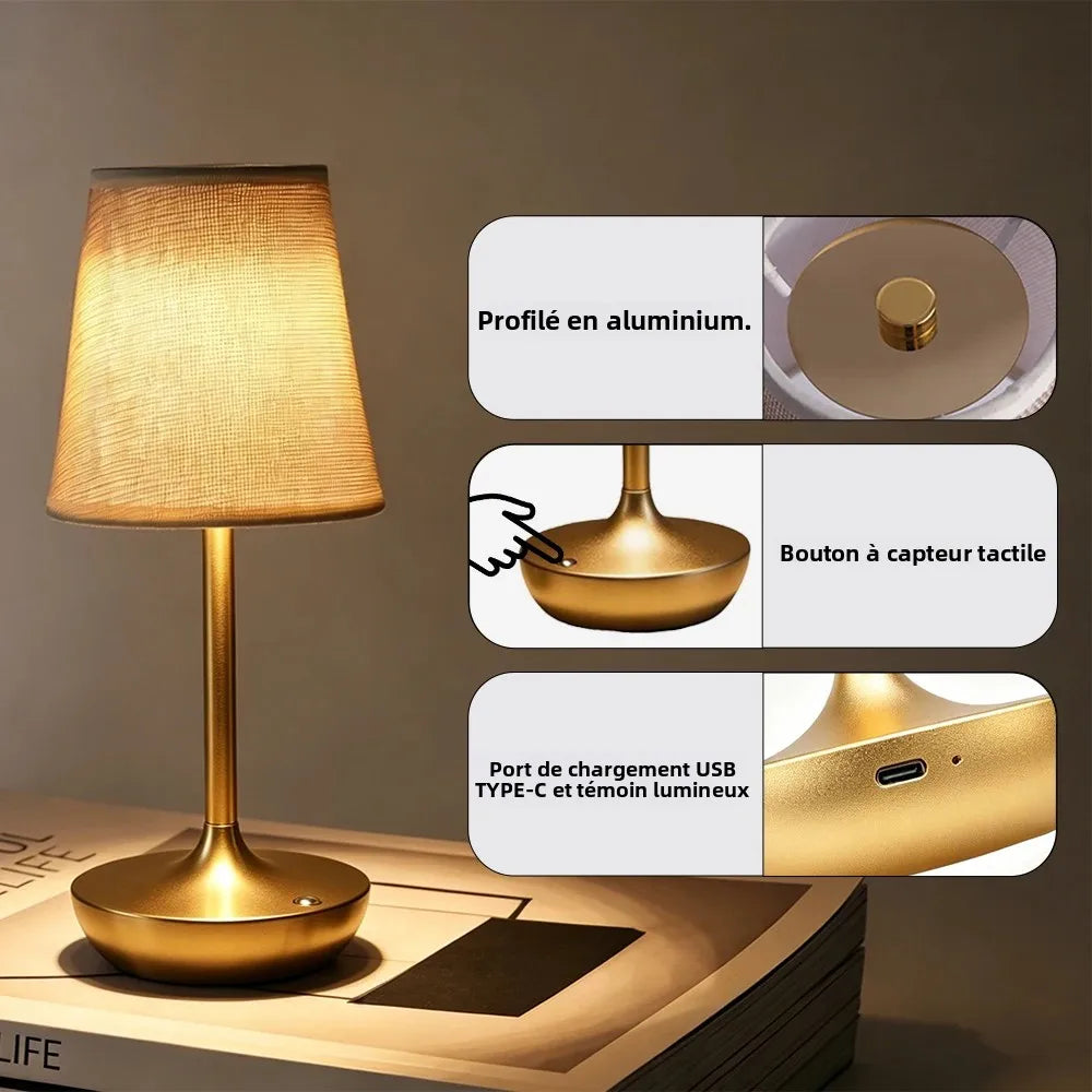 Lampe de table sans fil classique, abat-jour en tissu et 2 500 mAh