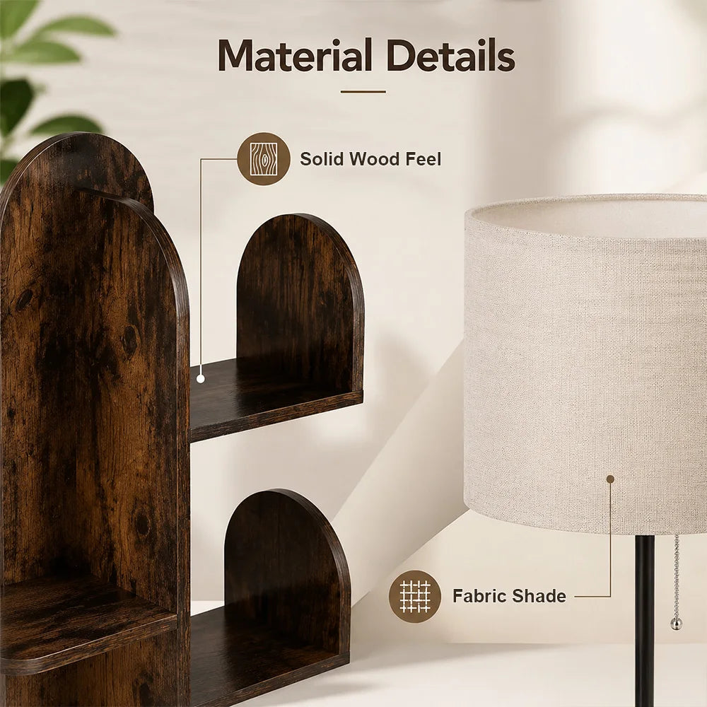 Lampadaire cactus en bois avec étagères, abat-jour en tissu