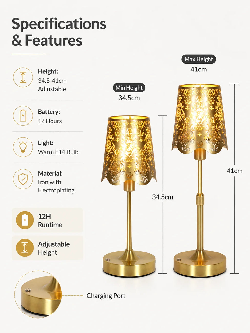 Lampe de chevet vintage dorée à abat-jour ajouré, sans fil réglable