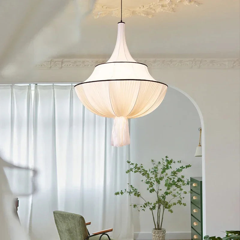 Suspension en tissu drapé blanc à liserés noirs, Ø 50 ou 60 cm