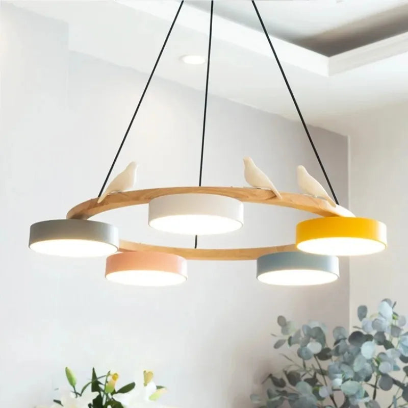 Lustre en bois à oiseaux et têtes LED colorées, couronne ou barre
