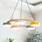 Lustre en bois à oiseaux et têtes LED colorées, couronne ou barre