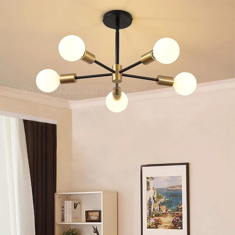 Lustre Sputnik noir et doré à 6 bras, douilles E27 apparentes
