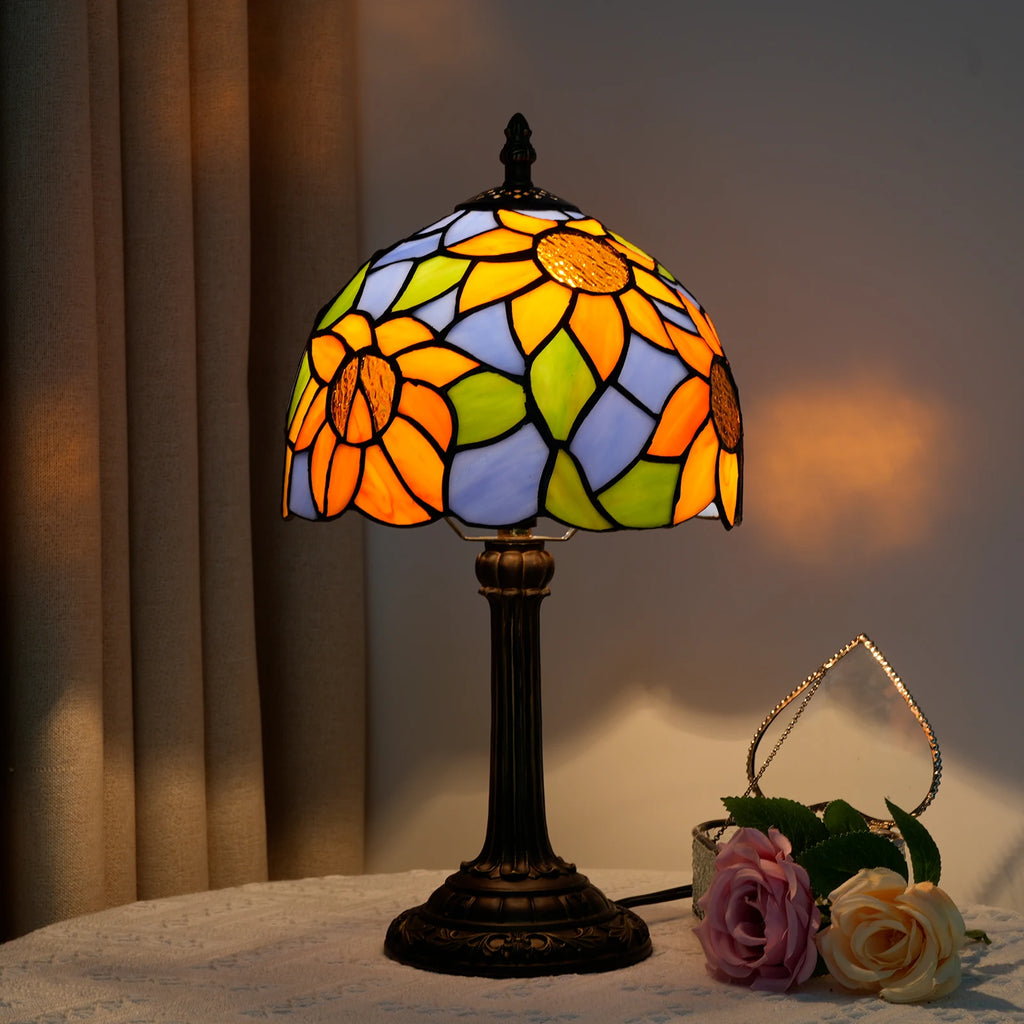 Petite lampe style Tiffany à tournesols, vitrail bleu et orangé