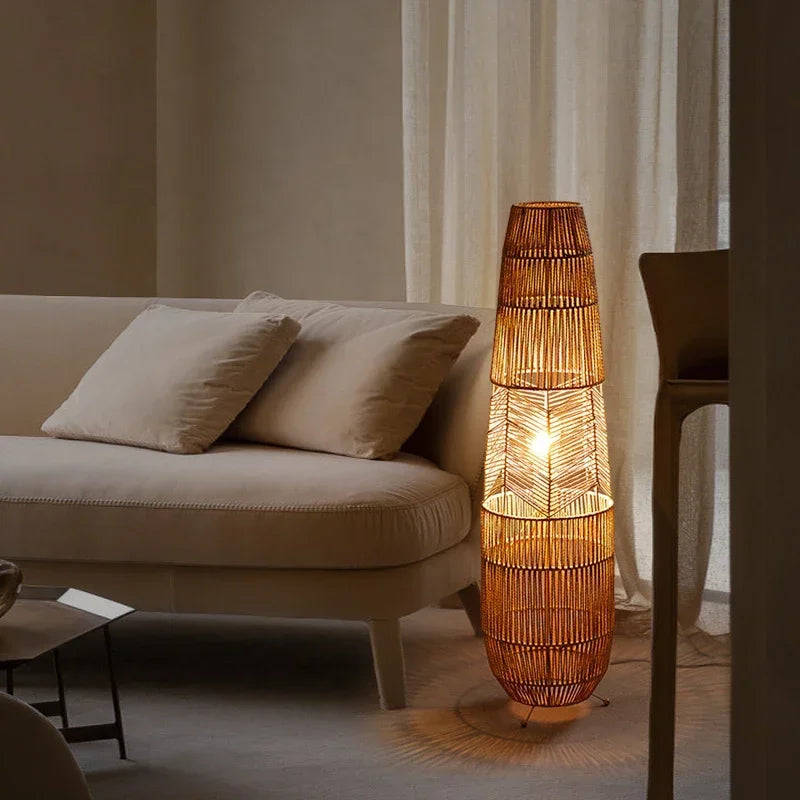 Lampadaire lanterne en rotin tressé à chevrons, 92 cm ou à poser