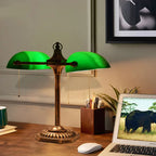Lampe de banquier vintage double, abat-jour en verre vert, 2 E27