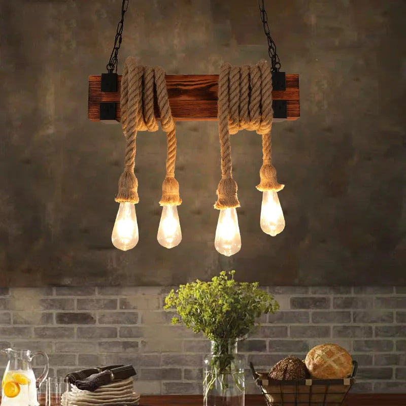 Lustre en bois et cordes de chanvre à 4 ampoules E27 suspendues