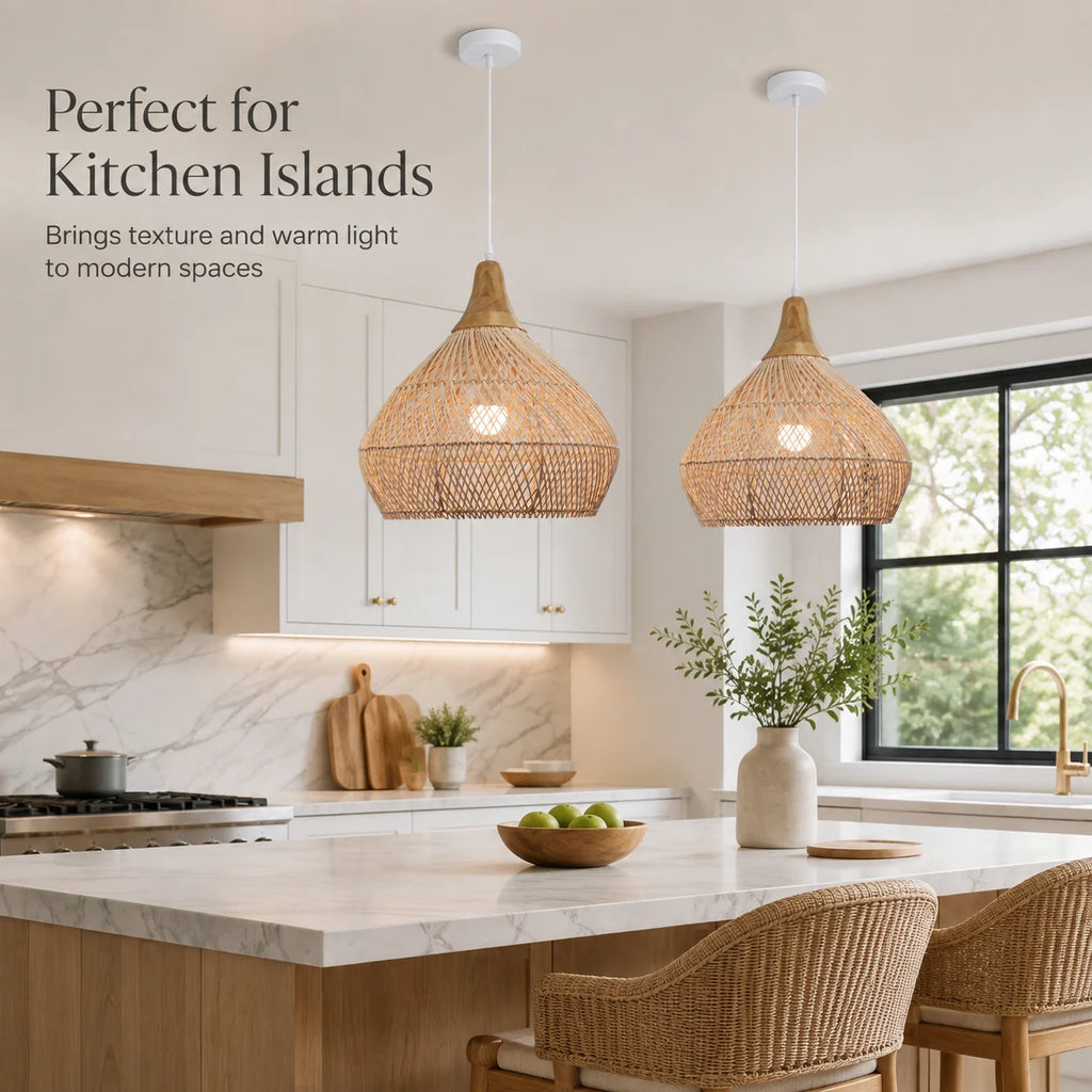 Suspension bulbe en rotin, coiffe en bois et câble blanc de 150 cm