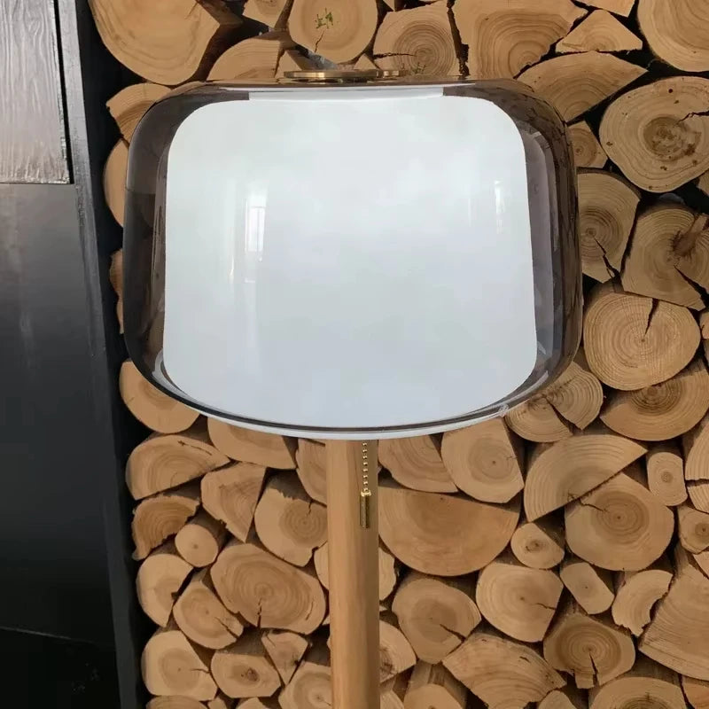 Lampadaire double verre et bois au socle en marbre, 148 cm
