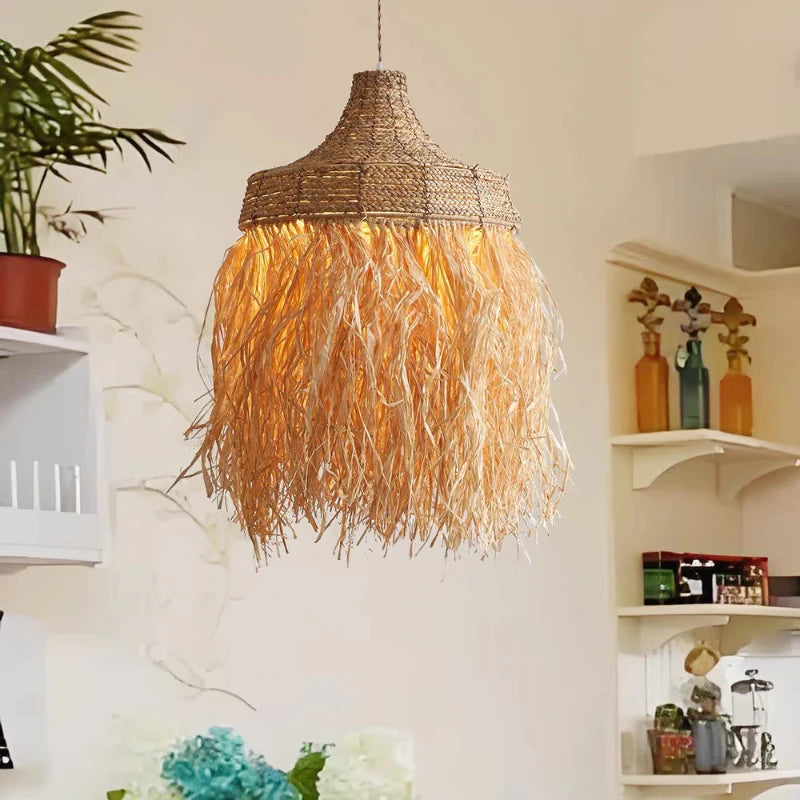Lustre en raphia à longues franges, Ø 40 à 80 cm, LED fournie