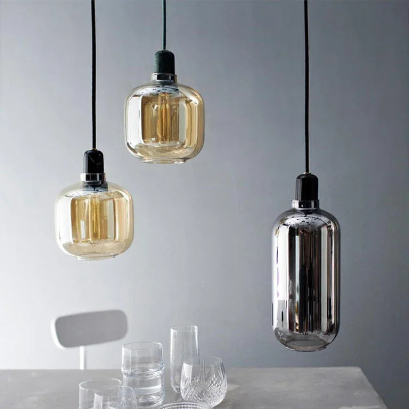 Suspension bocal en verre fumé, ambré ou clair, douille en marbre