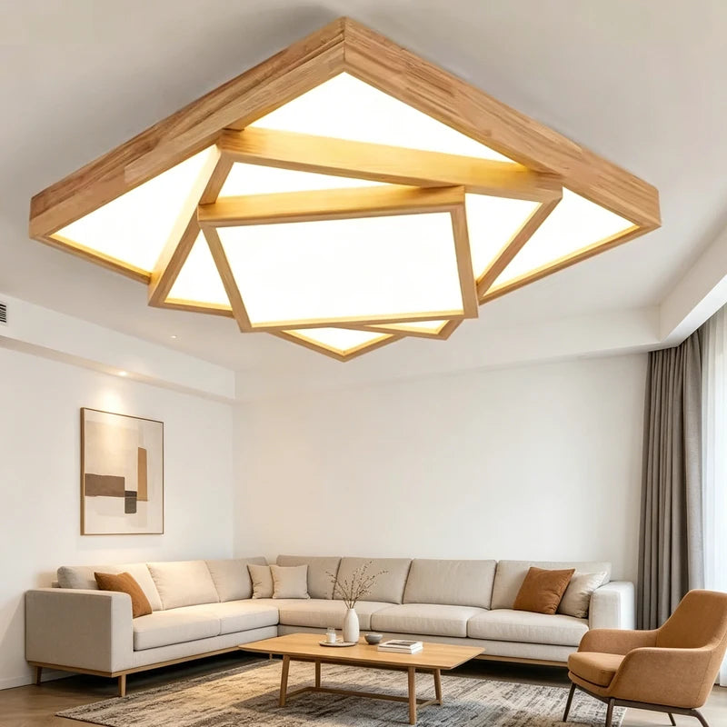 Plafonnier LED carré en bois à cadres superposés, avec télécommande