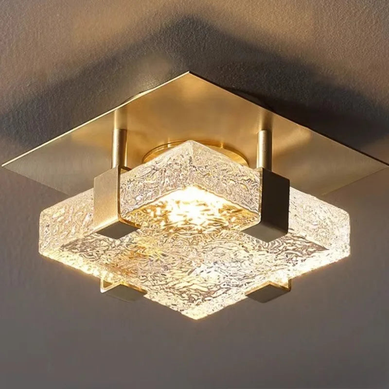 Plafonnier LED carré en verre texturé et plaque dorée, 15 à 25 cm