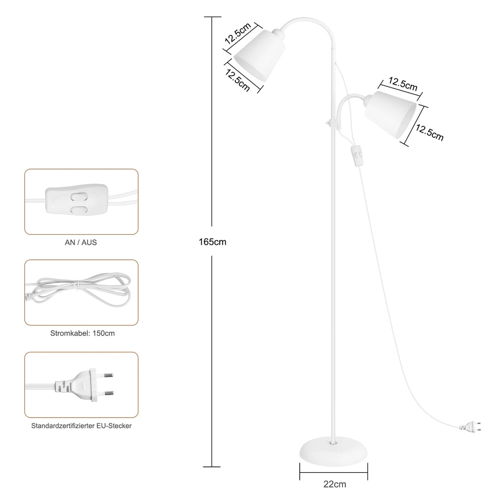 Lampadaire blanc à deux têtes flexibles pour la lecture, E27