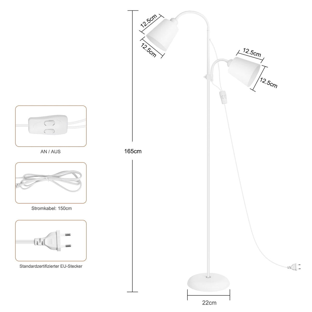Lampadaire blanc à deux têtes flexibles pour la lecture, E27