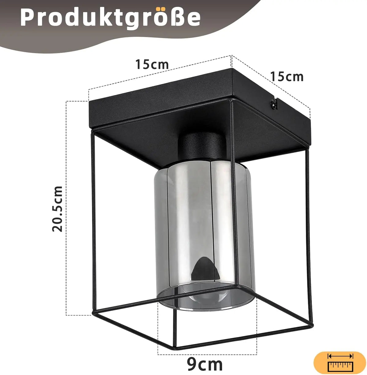 Plafonnier cage noire et cylindre en verre fumé, E27, 1 ou 4 lumières
