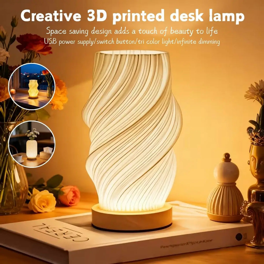 Lampe de chevet imprimée en 3D sur socle bois, trois formes