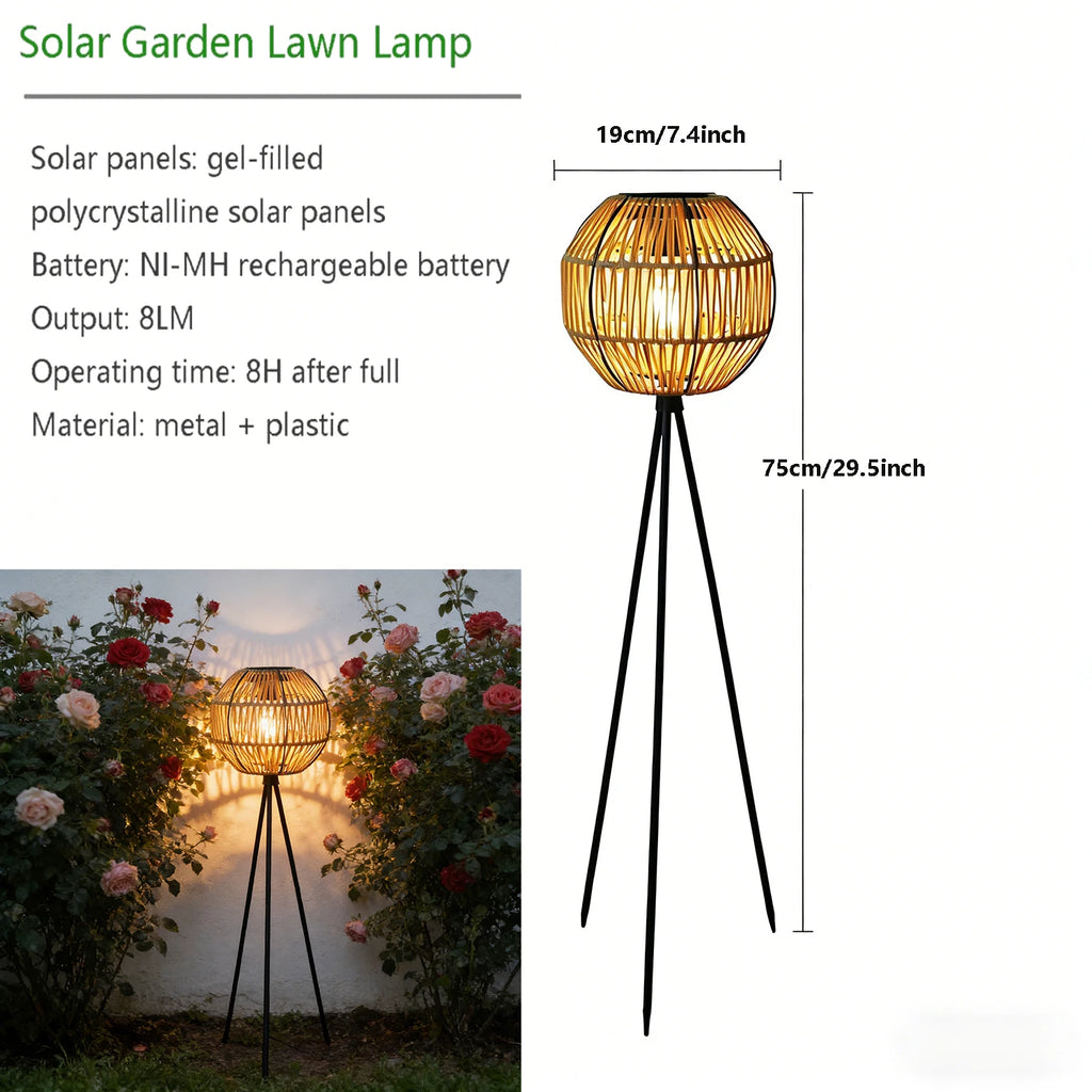 Lampadaire solaire d'extérieur trépied, globe effet rotin, 75 cm