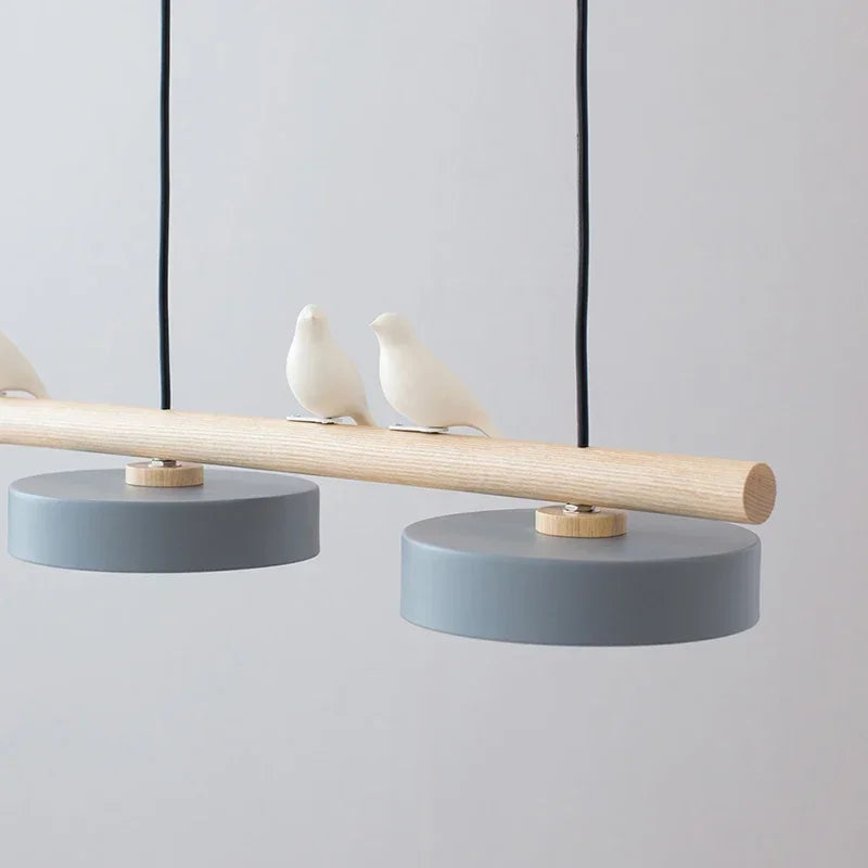 Suspension LED 3 disques sur barre façon bois et oiseaux, 80 cm