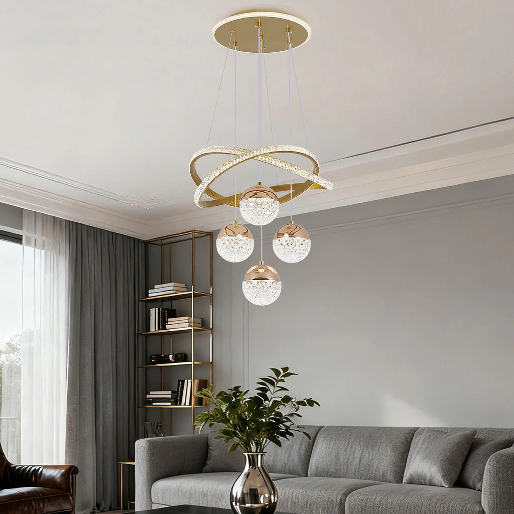 Lustre LED doré ou noir, anneaux de cristal croisés et 4 globes