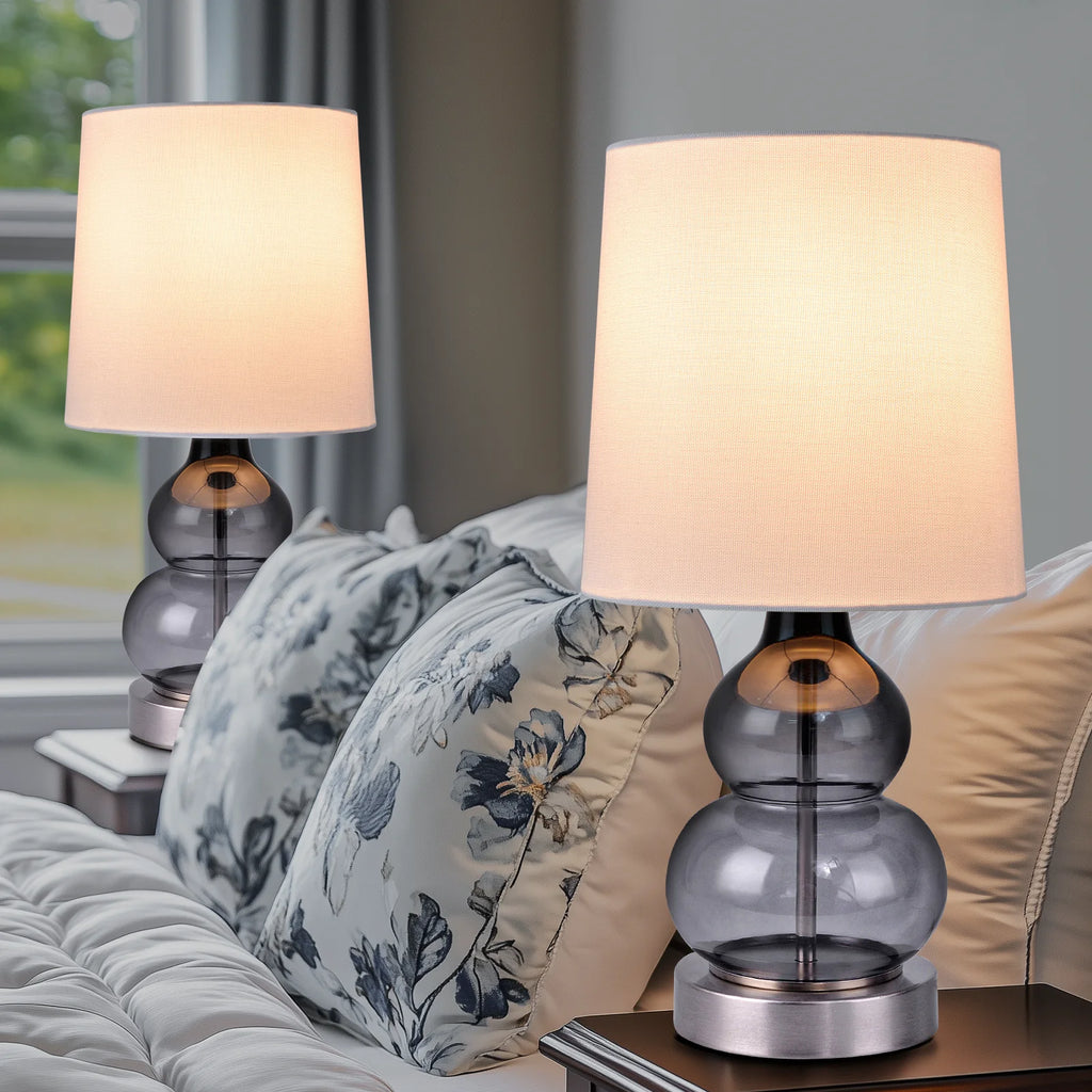 Lampe de chevet à pied double gourde en verre bleu ou gris, 44,4 cm